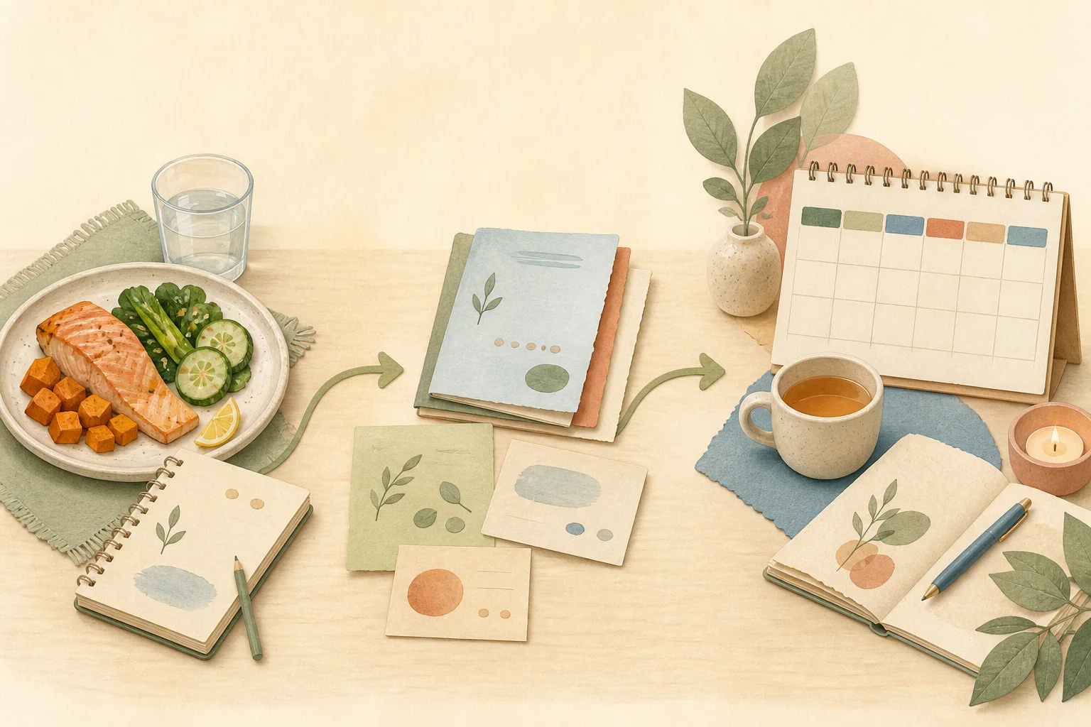 Illustrated sequence from a meal note to a calm weekly review