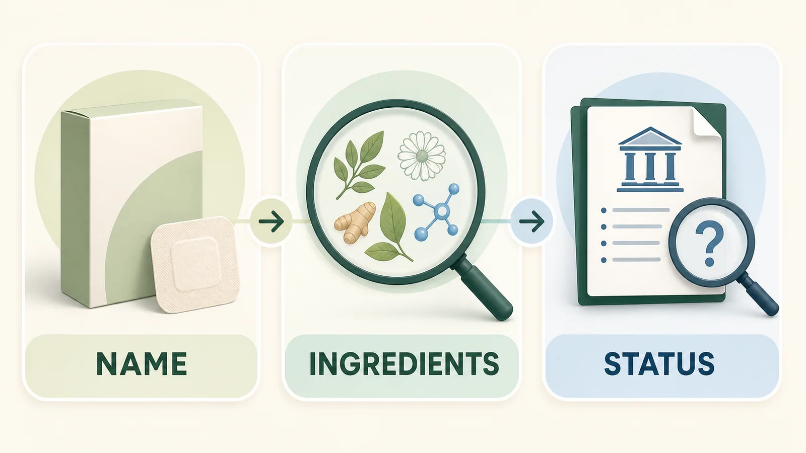 Three-part check separating a patch name, ingredient list, and approval record