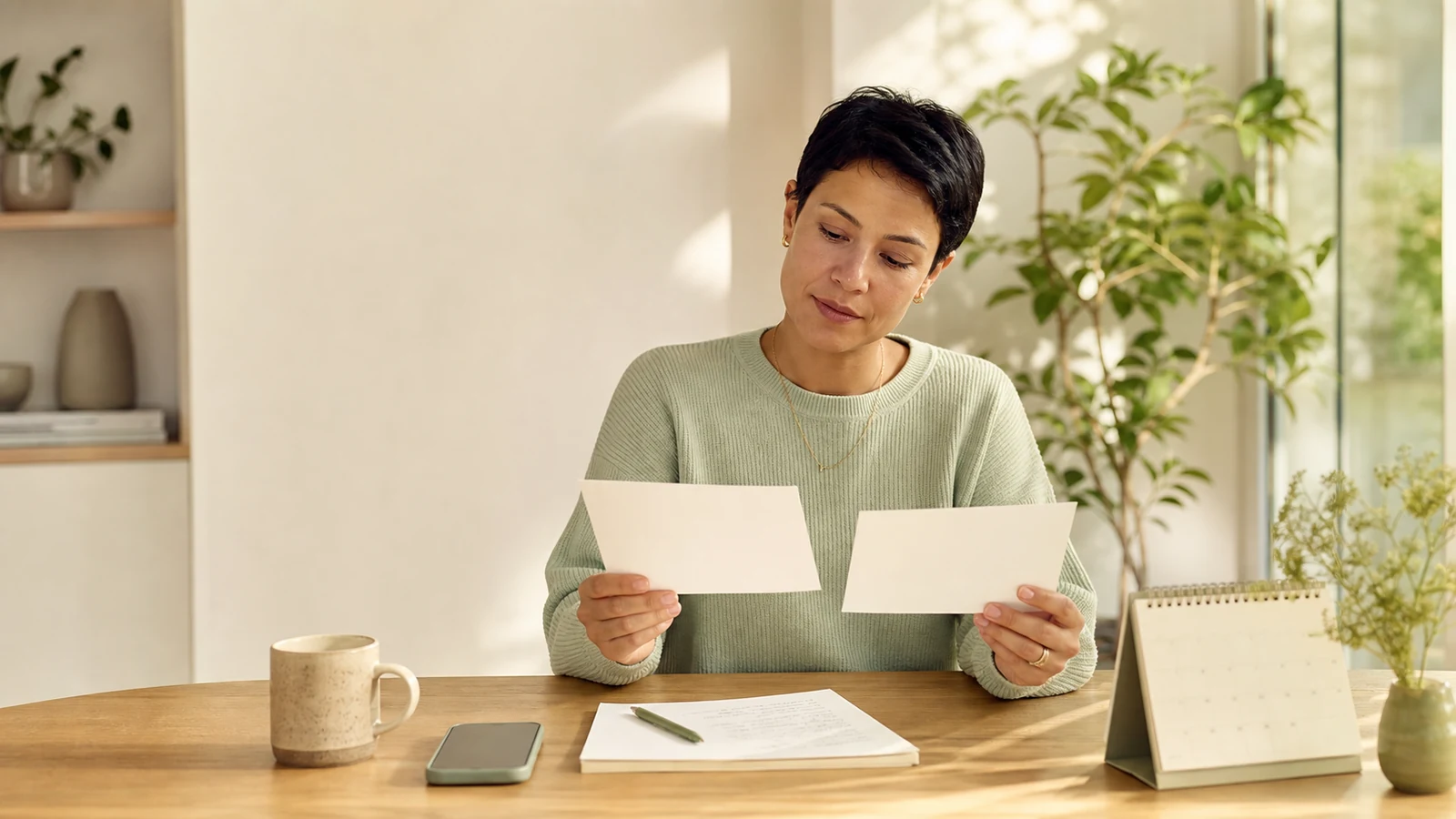Person comparing two plain medicine information cards with a short question list at a sunlit home table