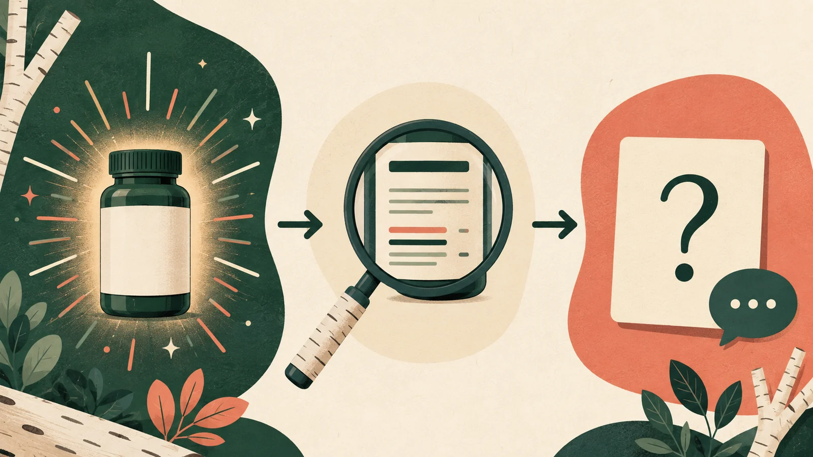 Illustrated path from a product claim to a label check and a focused question