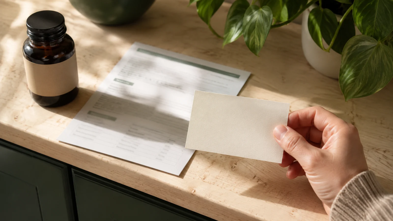 Unbranded bottle, unreadable product sheet, and a blank question card on a dark green countertop