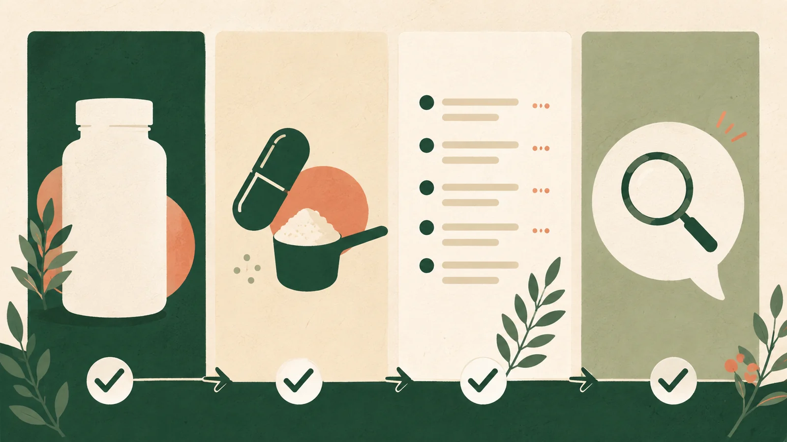 Illustrated four-part checklist for product name, format, listed ingredients, and the exact claim