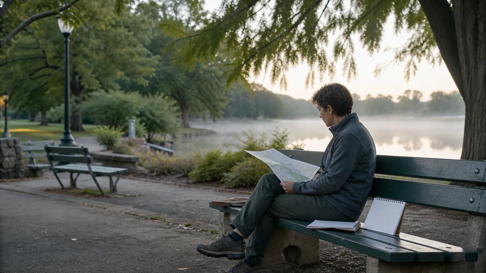 Person reviewing a folded walking map and calendar on a park bench in the morning