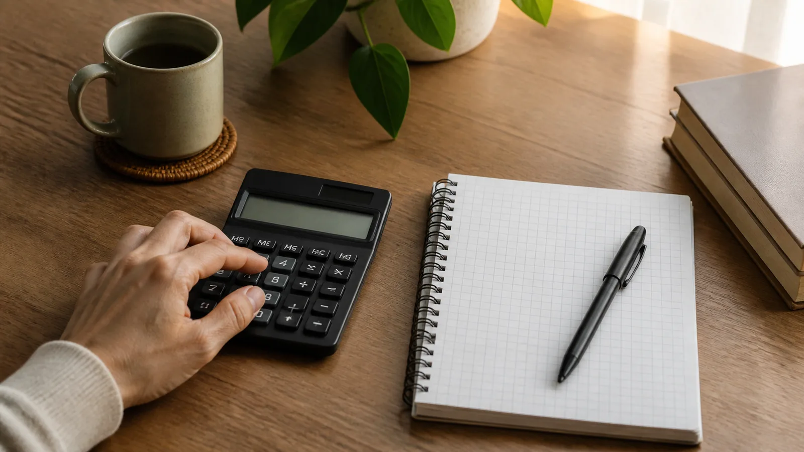 Hand using a basic calculator beside a notebook with blank chart paper on a desk