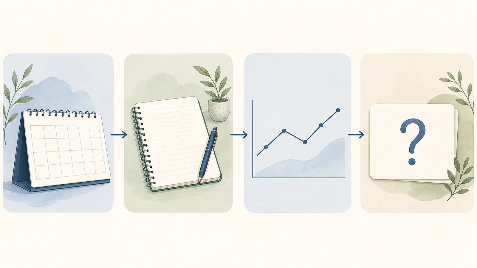 Four-panel illustrated workflow with a calendar, journal, simple chart, and question card connected by arrows