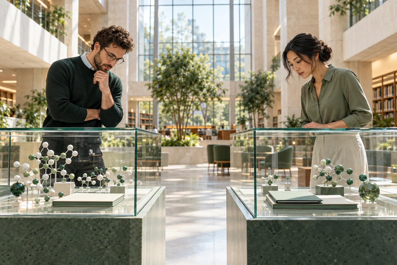 Two adults examining abstract ball-and-stick models in separate glass display cases in a sunlit library atrium