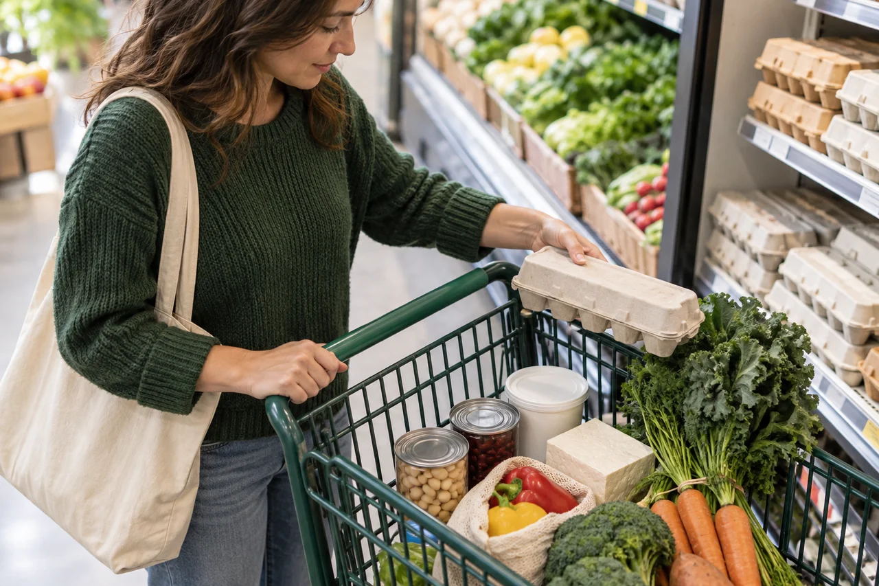 Shopper placing an egg carton into a grocery cart with tofu, canned beans, yogurt, and vegetables in a supermarket aisle