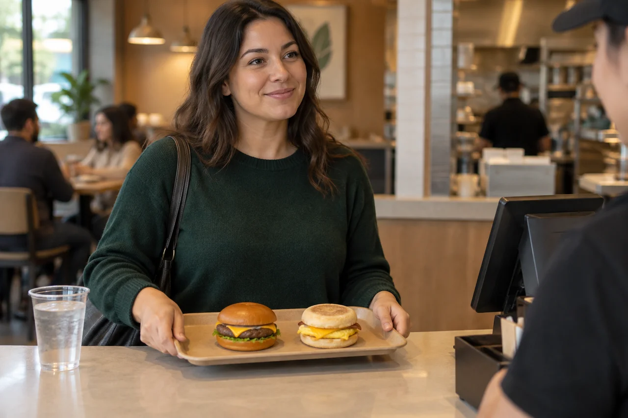 Woman at a counter holding a tray with a burger and an egg sandwich