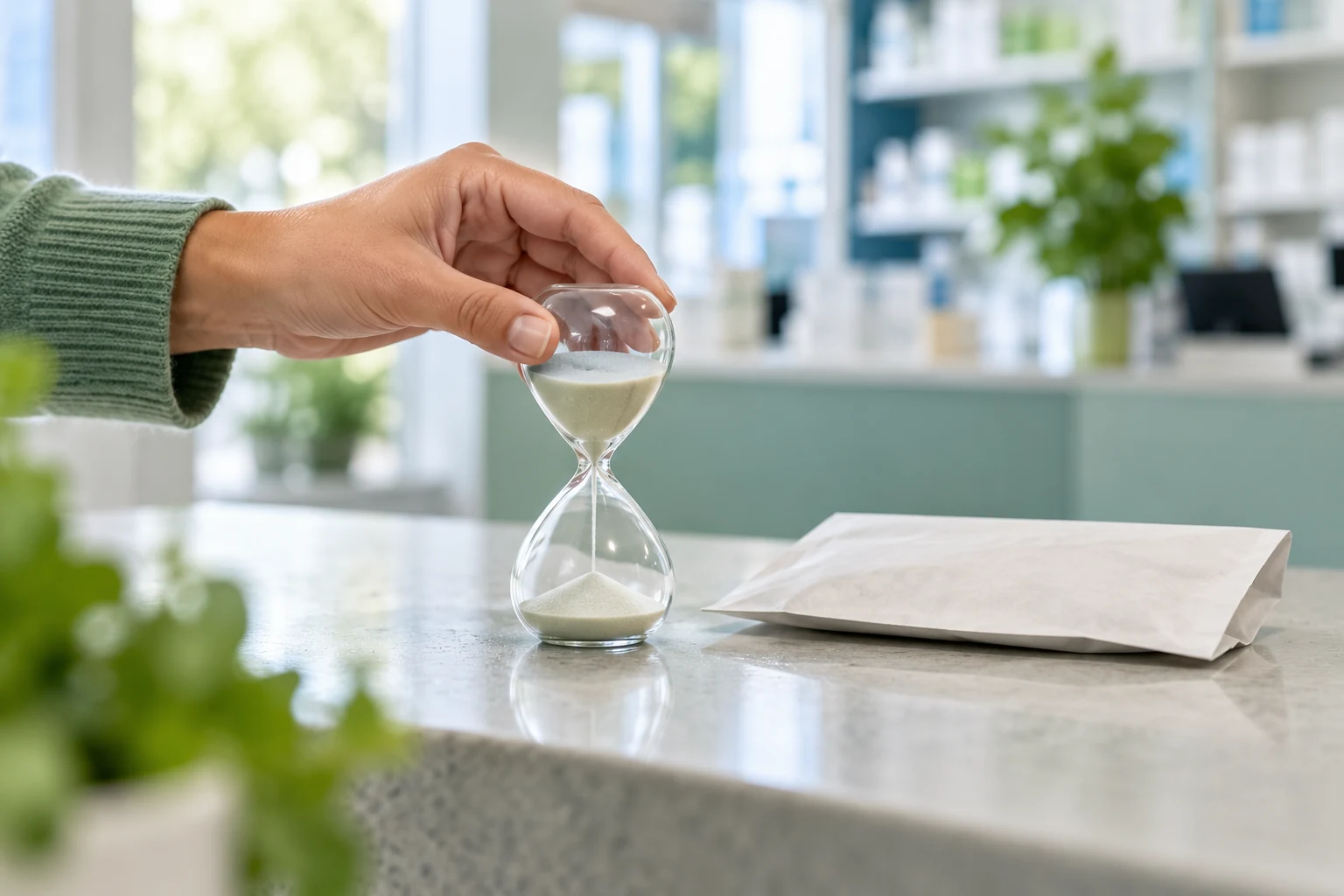 A hand turns a glass sand timer beside a closed plain envelope on a pharmacy counter