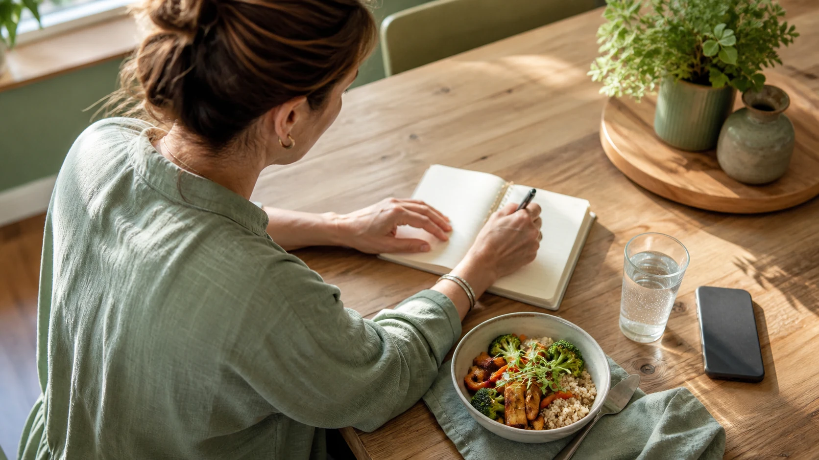 Adult writing a meal note at a sunlit kitchen table beside a bowl and glass of water