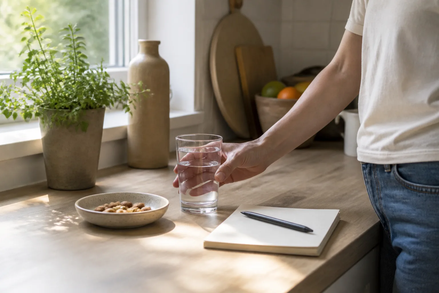 Reusable water bottle, glass, and light snack near a sunny apartment window