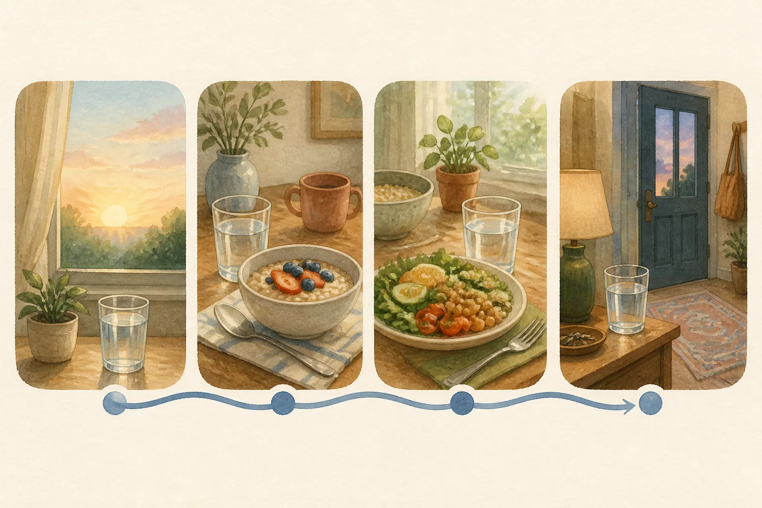 Illustrated daily timeline connecting a water glass to waking, meals, and returning home