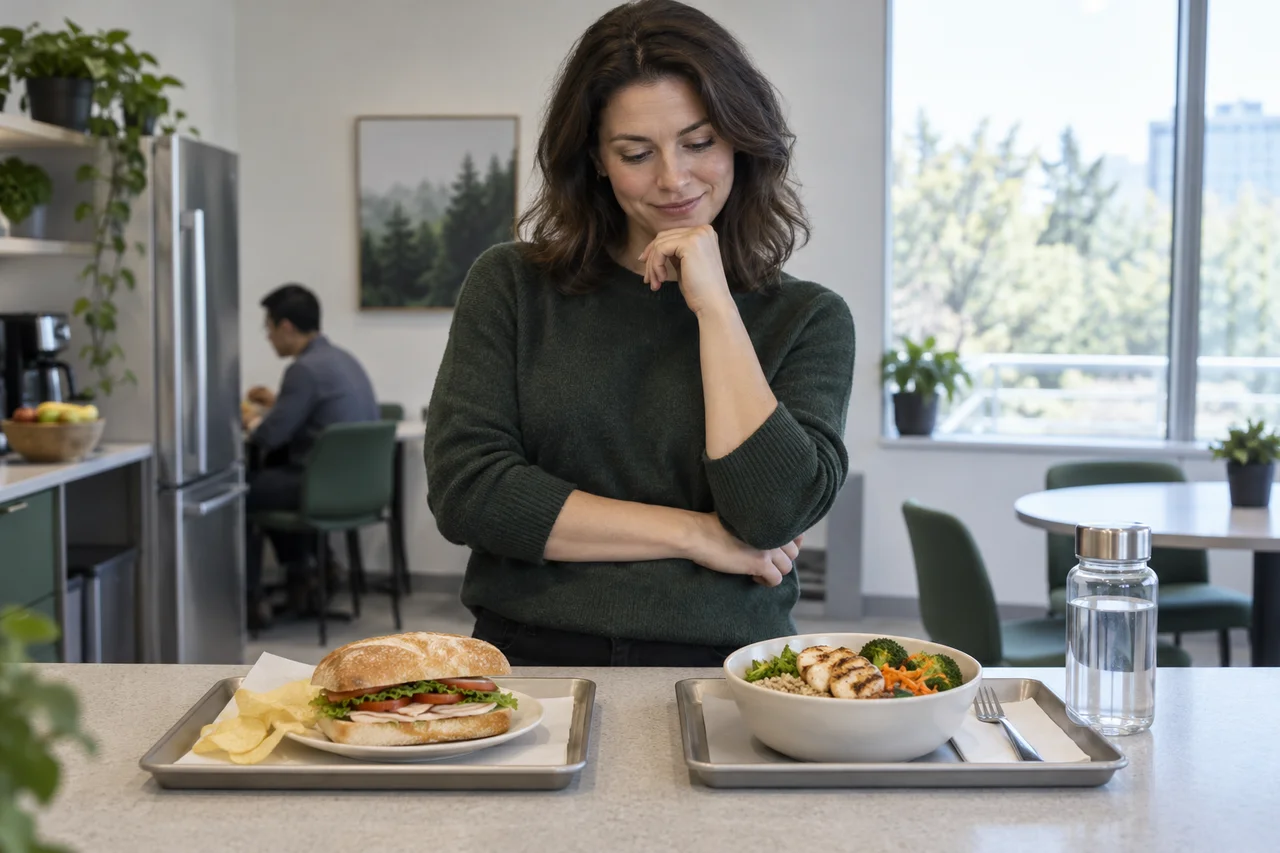 Woman considering a sandwich tray and a chicken-and-vegetable bowl beside a water bottle in a bright breakroom