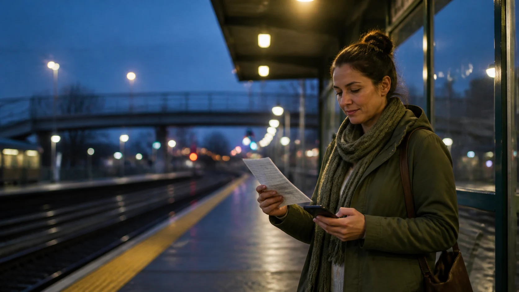A woman compares a phone and paper checklist on an evening train platform