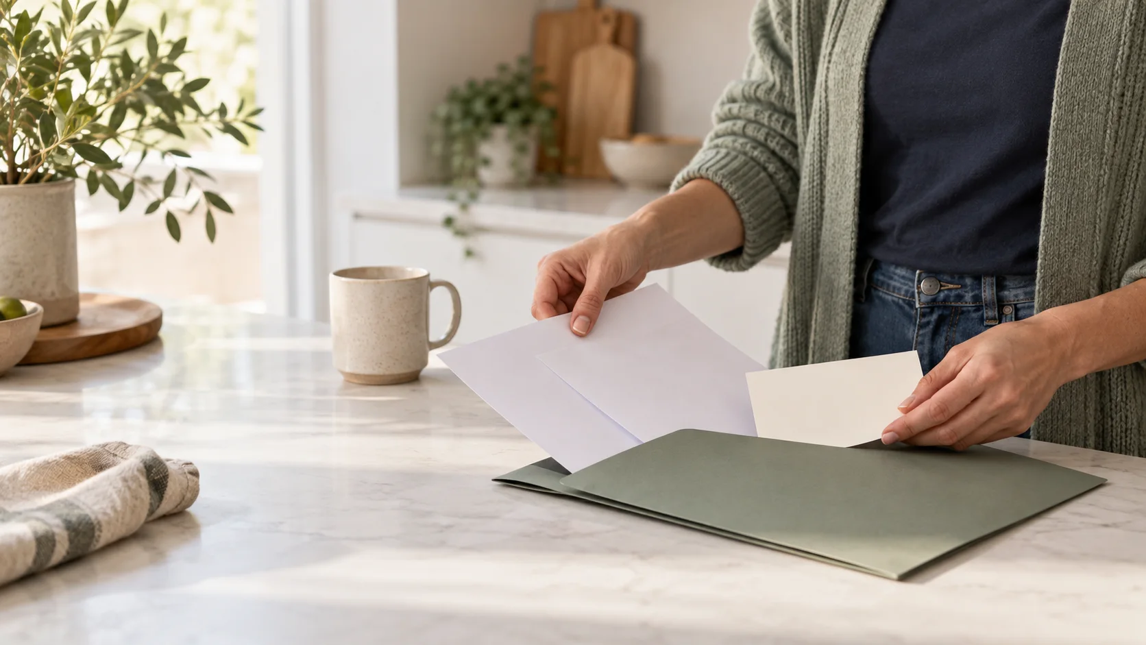 Unbranded information sheets and a question card placed into a folder