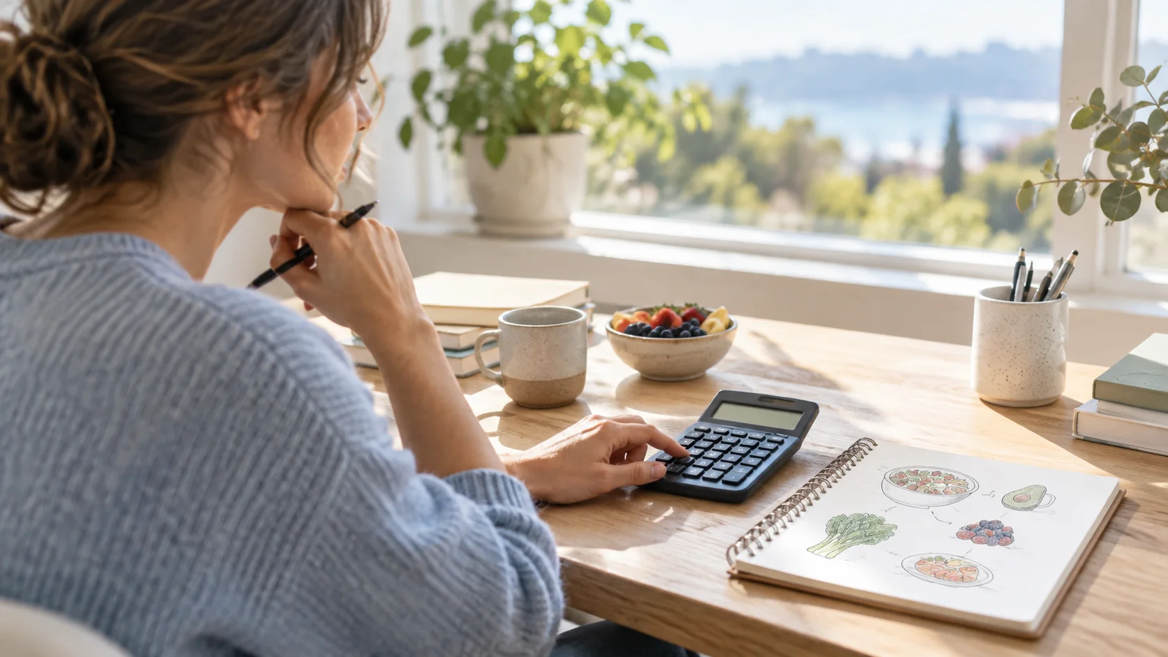 Adult comparing a calorie estimate and meal notes at a home desk in daylight