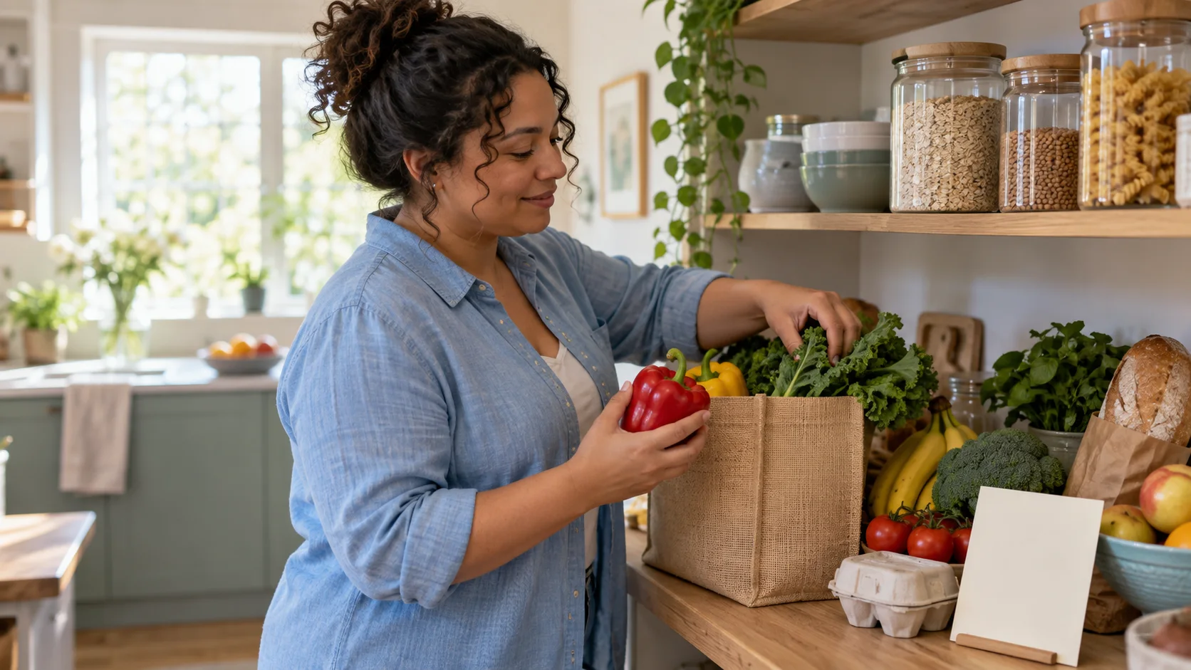 Adult unpacking ordinary groceries beside a blank note card