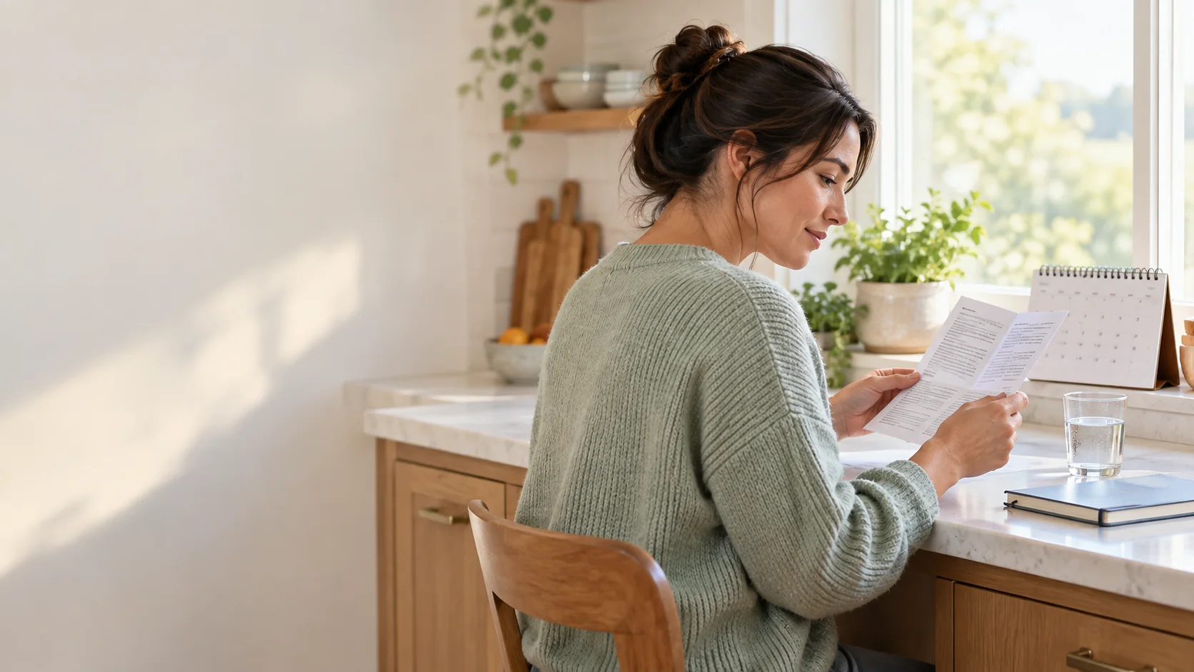Adult reviewing prescription information beside a calendar at a bright kitchen window