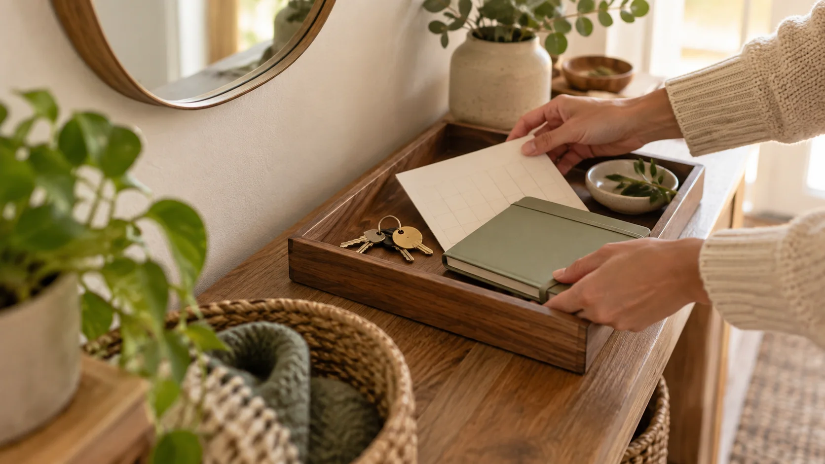 Calendar card and notebook placed in a home entryway tray