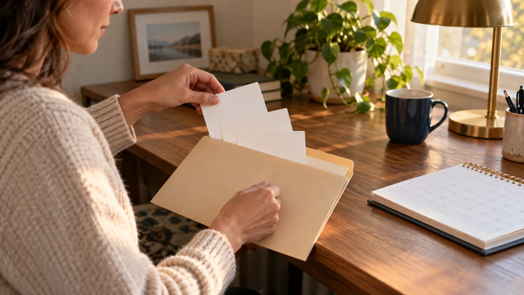 Blank question cards placed into a home-office folder
