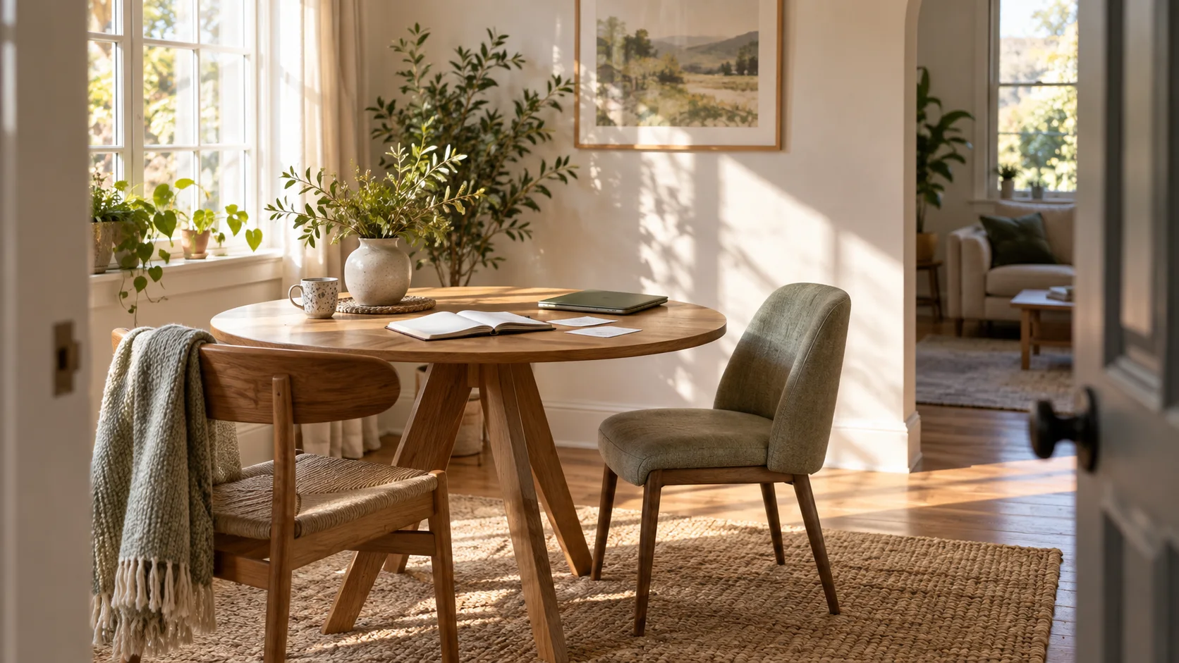 Two chairs and a notebook with prepared questions beside a sunlit table