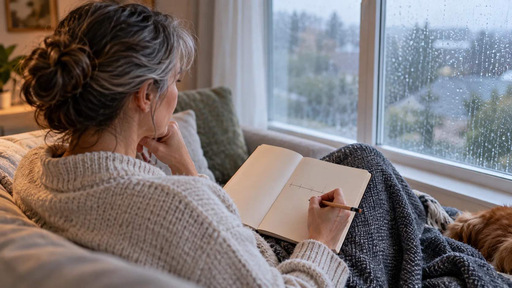 Person marking a simple timeline in a notebook beside a window on a rainy morning