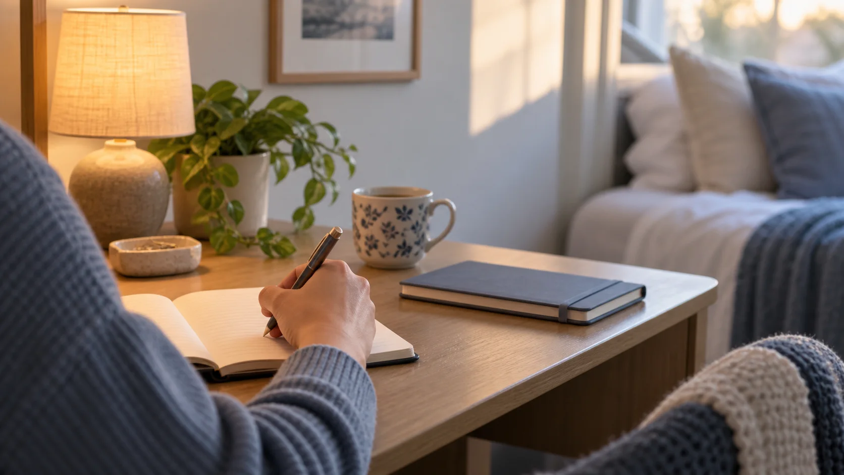 Adult making a brief skin-observation note in a journal at a bedroom desk