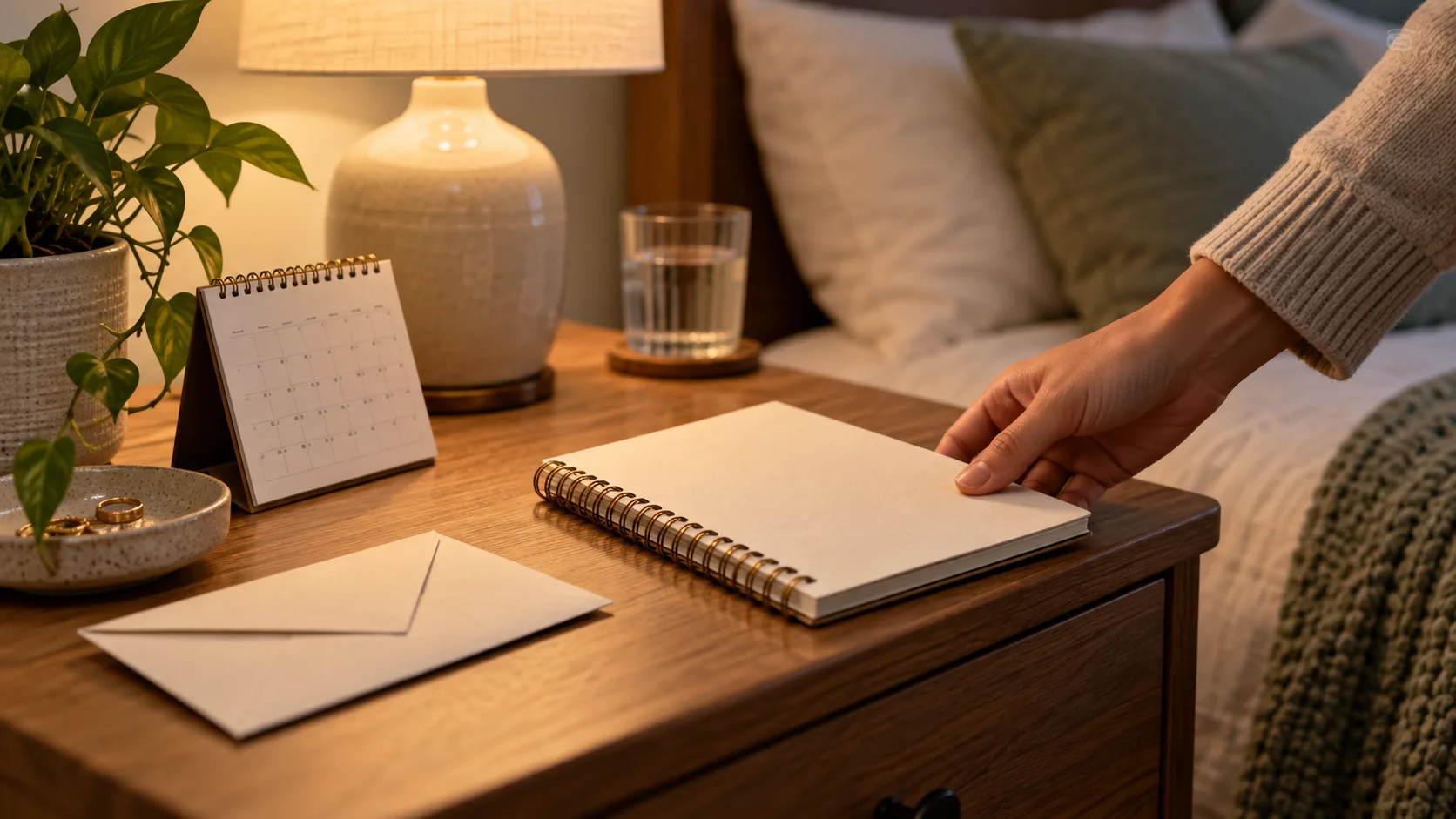 Blank observation notebook placed beside a calendar on a bedside table