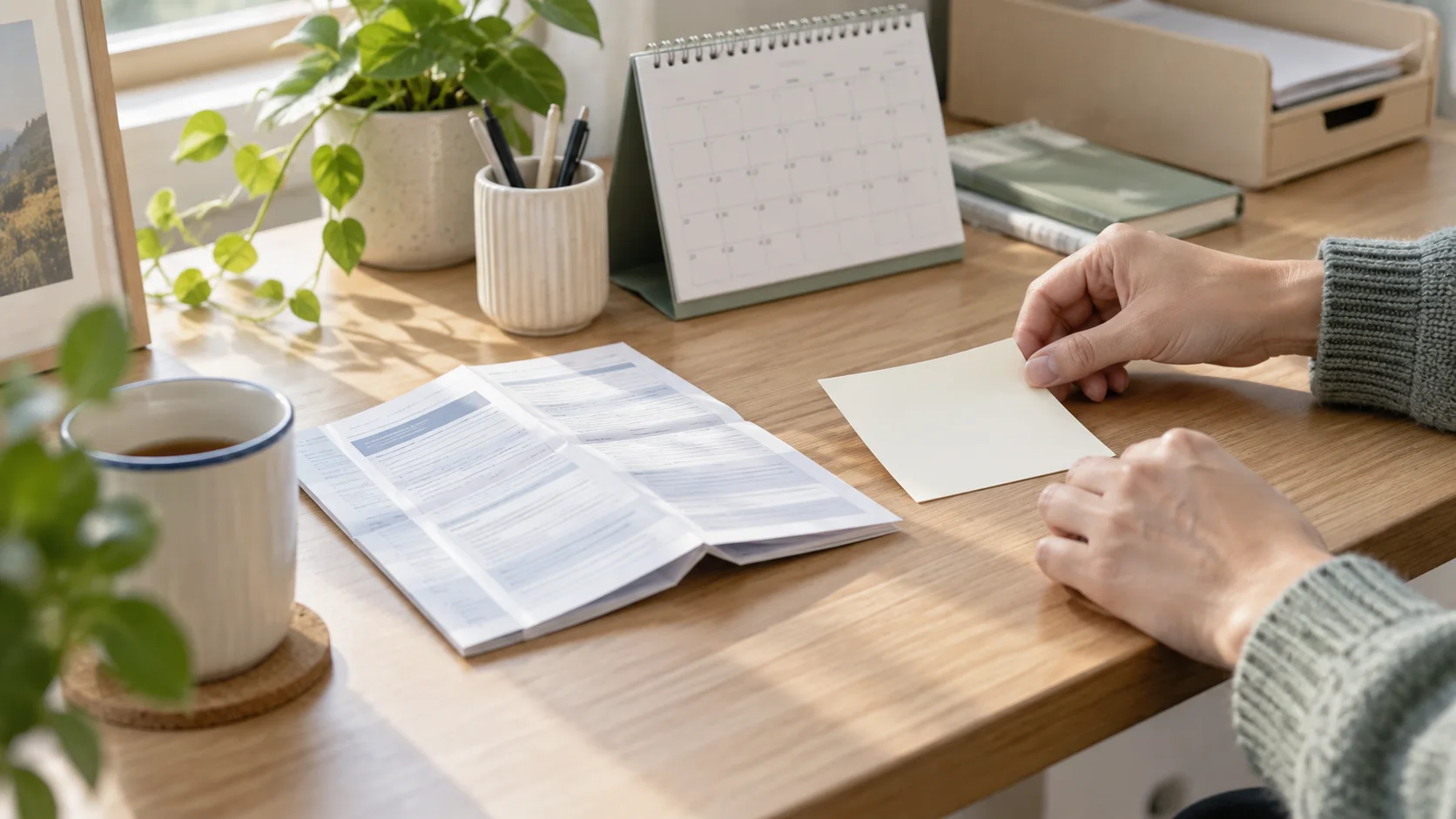 Dated blank note beside product-information papers on a home desk