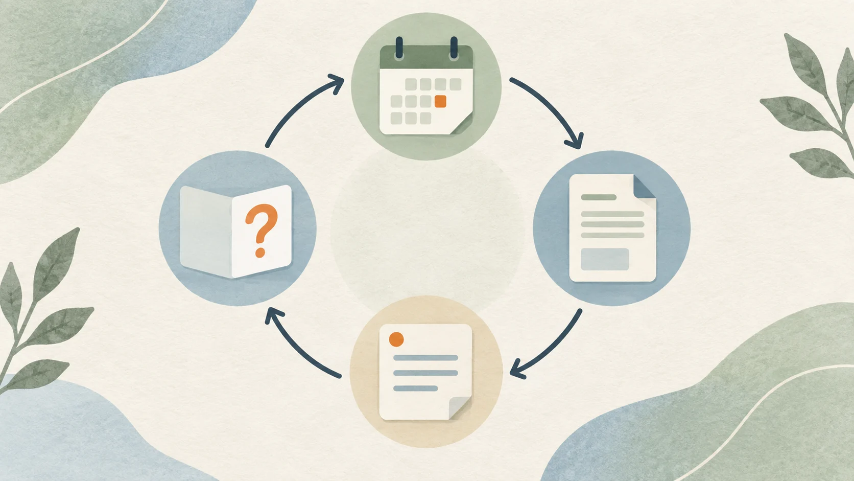 Periodic review loop connecting dates, current product information, observations, and an open question