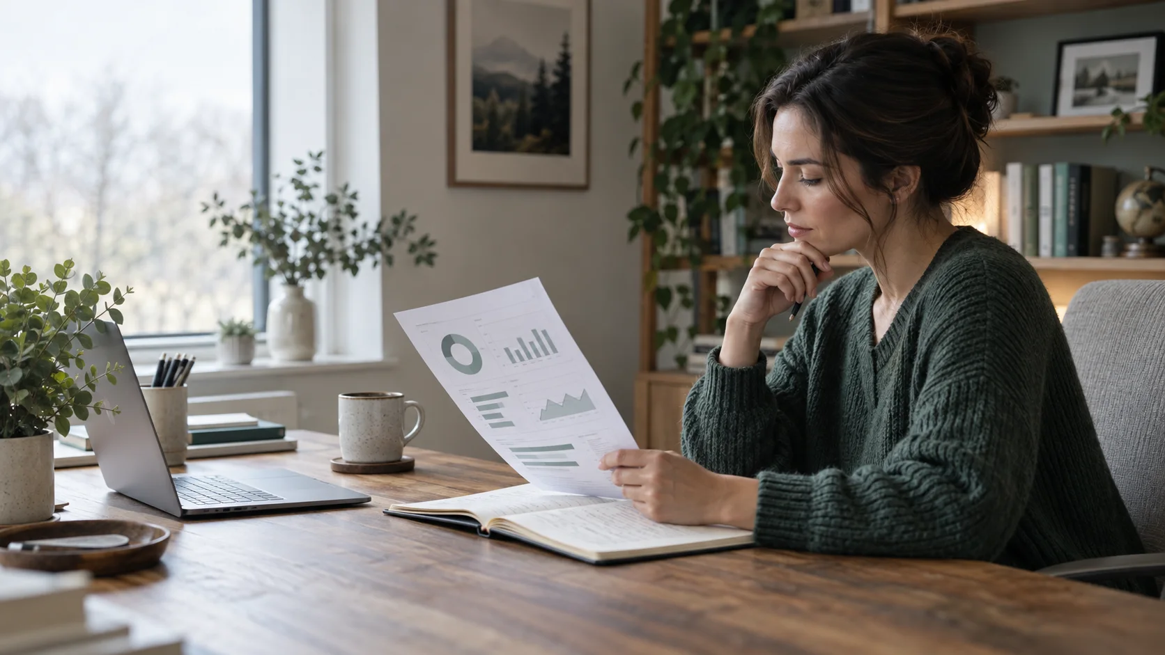 Adult comparing a body-composition report and notebook at a home desk