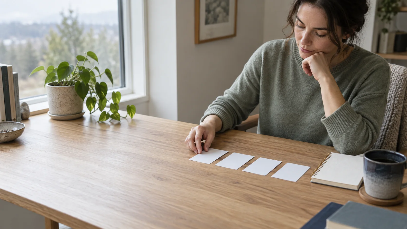 Adult sorting dates and questions on note cards at a quiet home desk