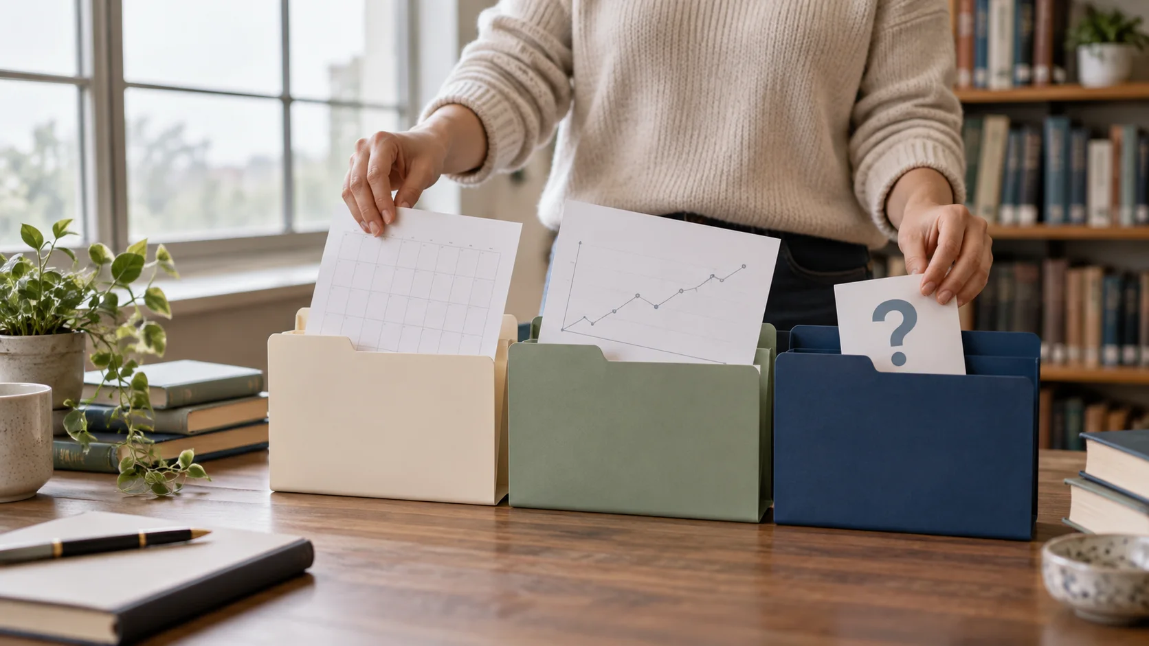 Calendar, neutral chart, and question card sorted into folders
