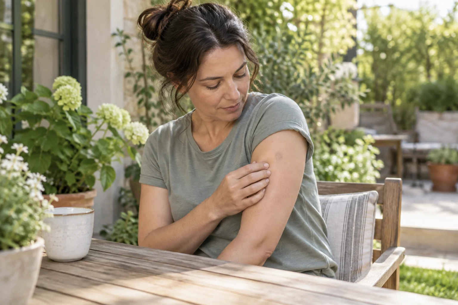 Adult calmly noticing a small mark on their upper arm on a garden patio in morning light