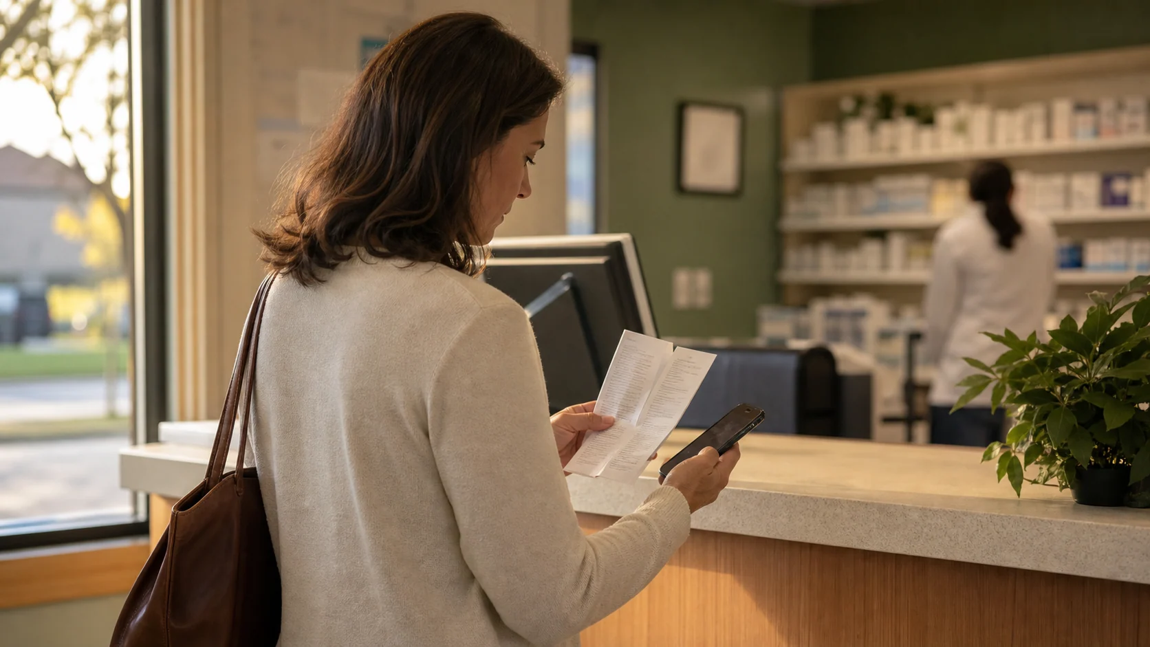 Person comparing an unbranded prescription leaflet with a short question list on a phone at a quiet pharmacy counter