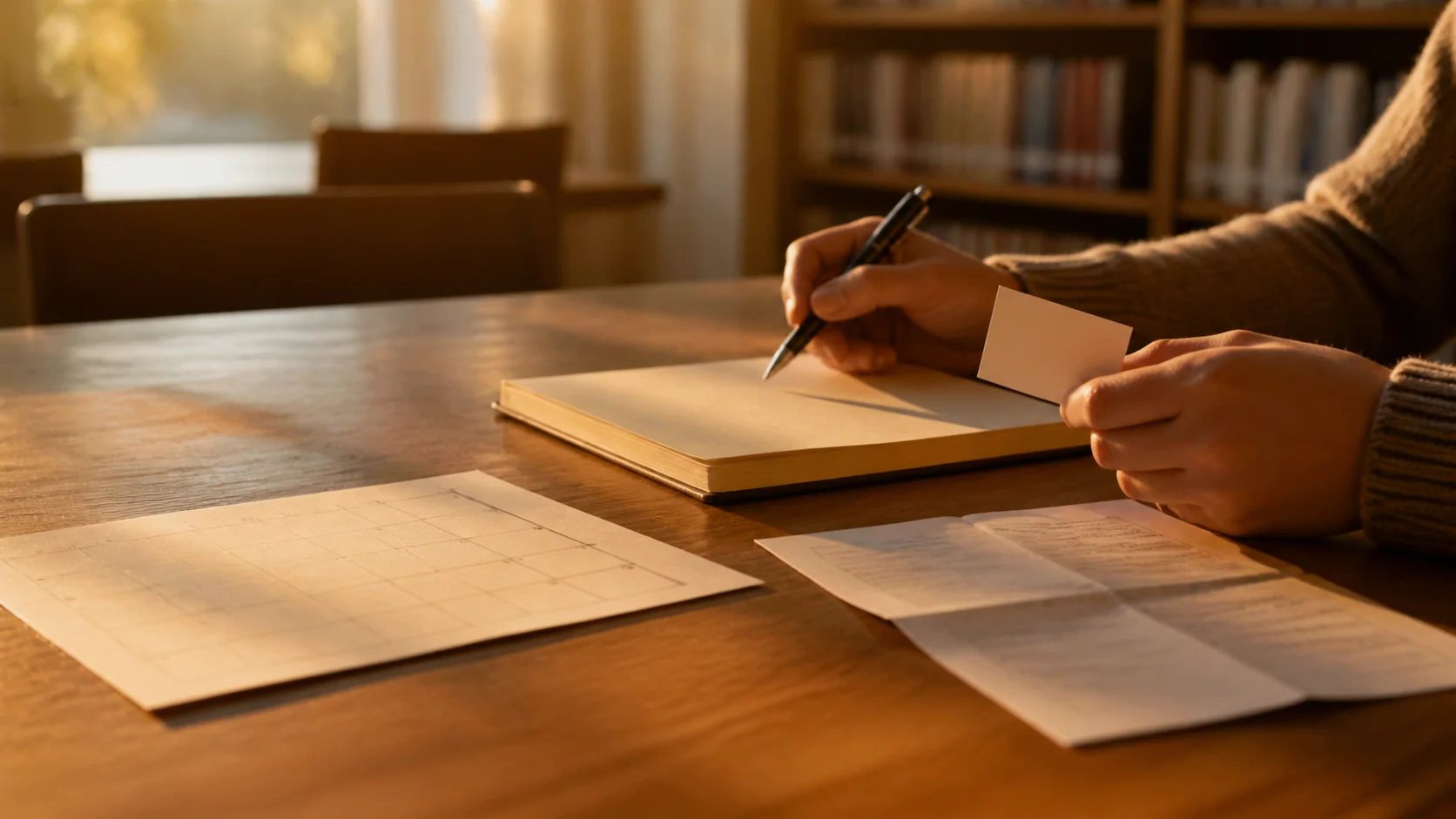 Person writing a neutral note beside a blank calendar and an unreadable information sheet at a library table