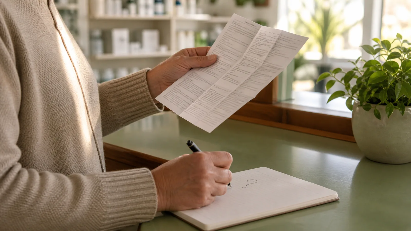 Person reading a medicine information leaflet beside a notebook at a pharmacy counter