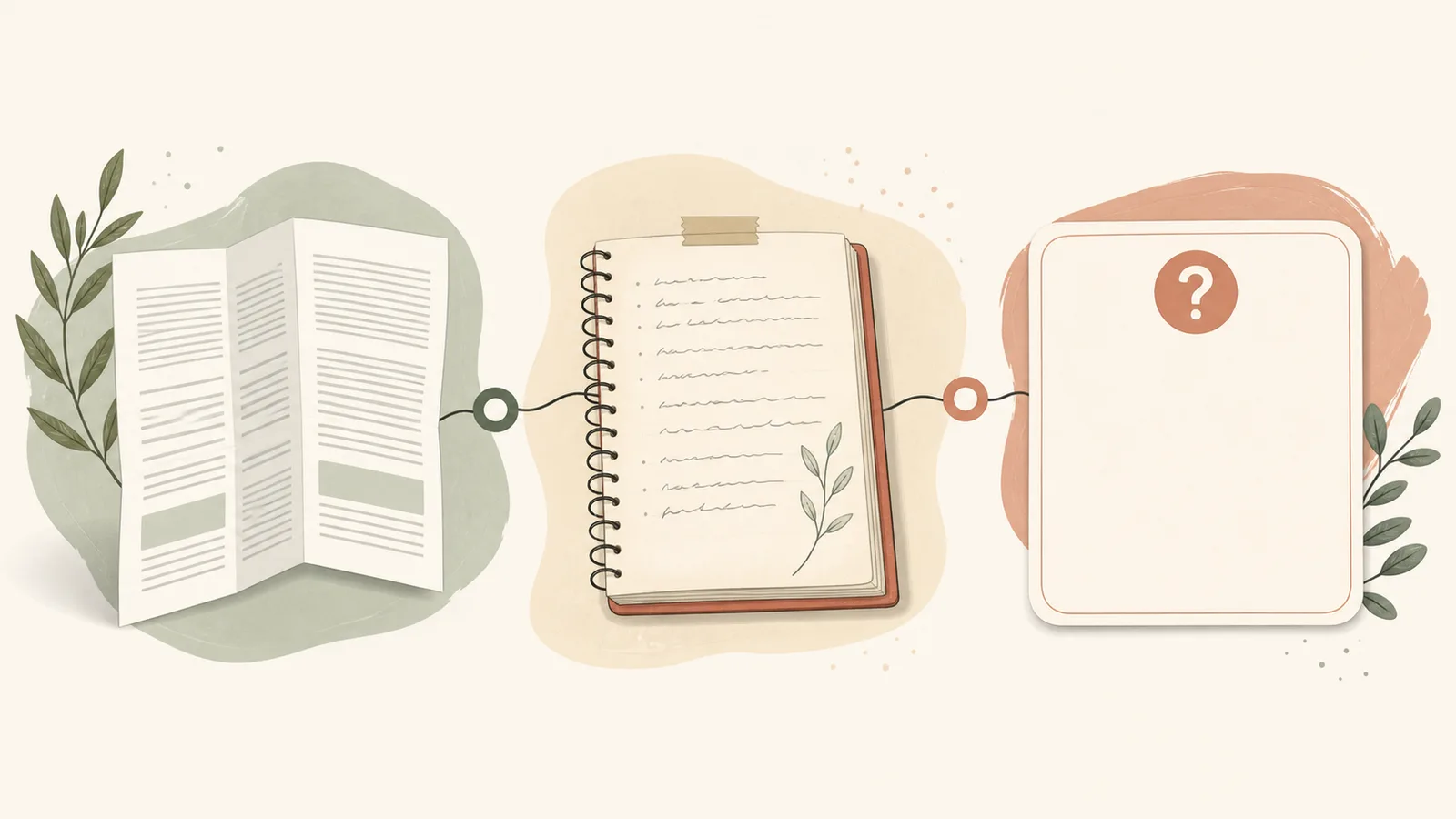 Three-part illustration with a medicine leaflet, a dated note, and a question card