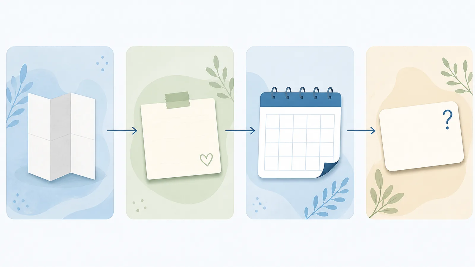 Four-panel illustration showing a leaflet, a personal note, a calendar, and a question card connected by arrows