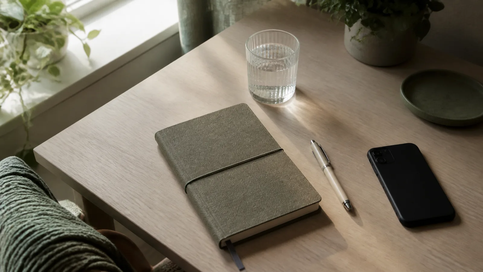 Notebook with a simple dated note beside water and a closed phone on a quiet desk