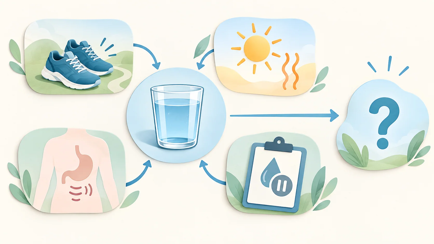 Illustrated decision path with icons for activity, hot weather, stomach symptoms, and a clinician-directed fluid limit