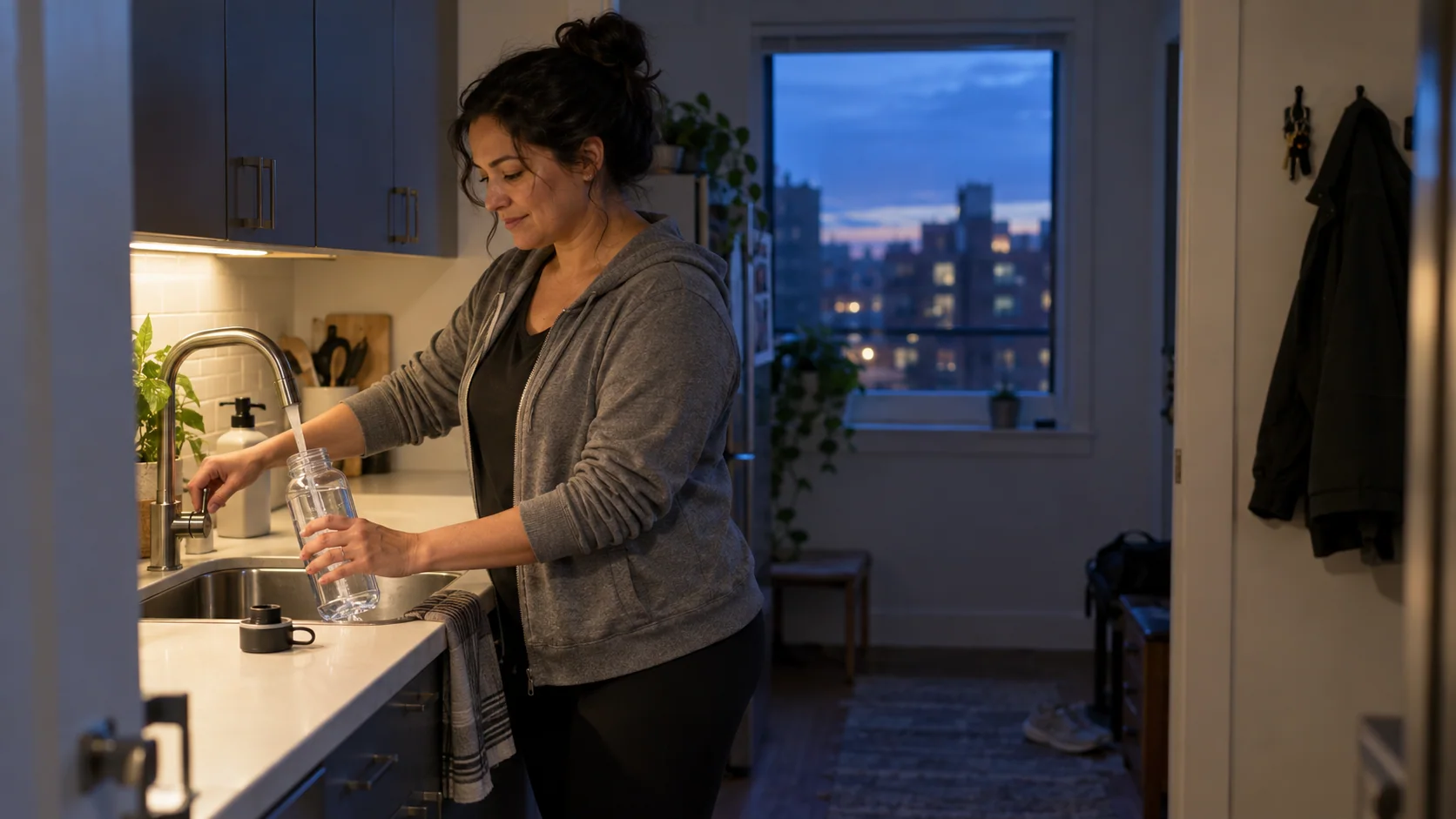Person refilling a clear water bottle at a kitchen sink in soft evening light