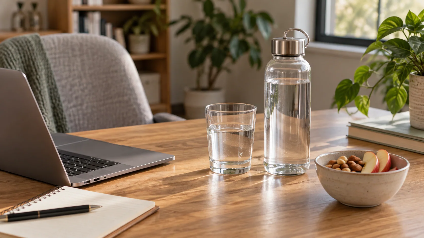 Water bottle and glass beside a laptop and a simple afternoon snack on a work desk