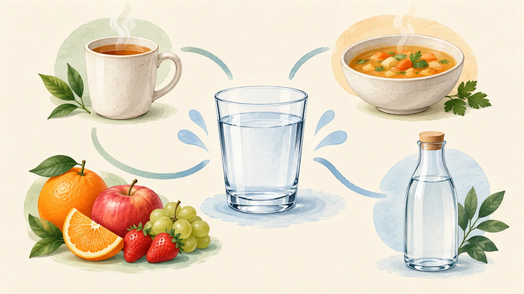 Illustrated glass, tea mug, soup bowl, and fruit arranged as examples of total fluid context