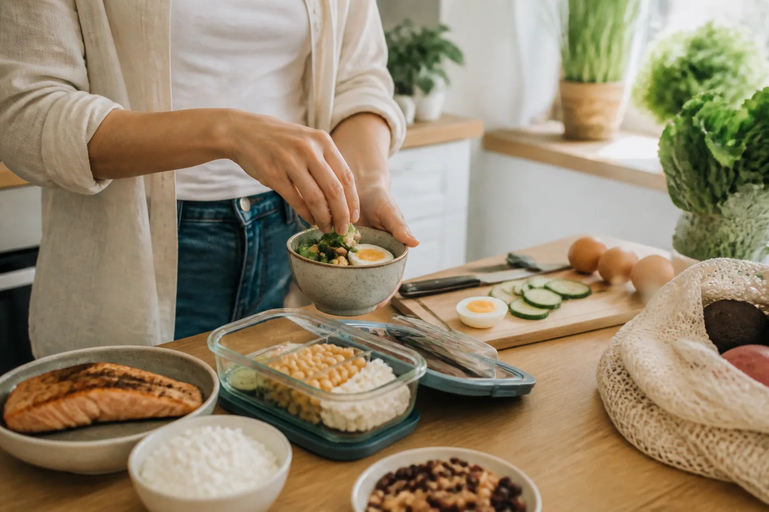 Adult unpacking simple protein foods beside a small lunch container in a bright kitchen
