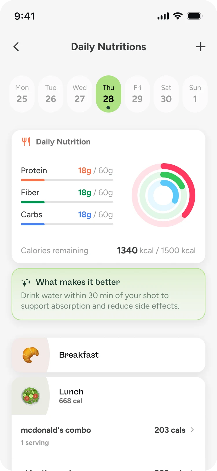 Glowise daily nutrition screen showing protein and meal context