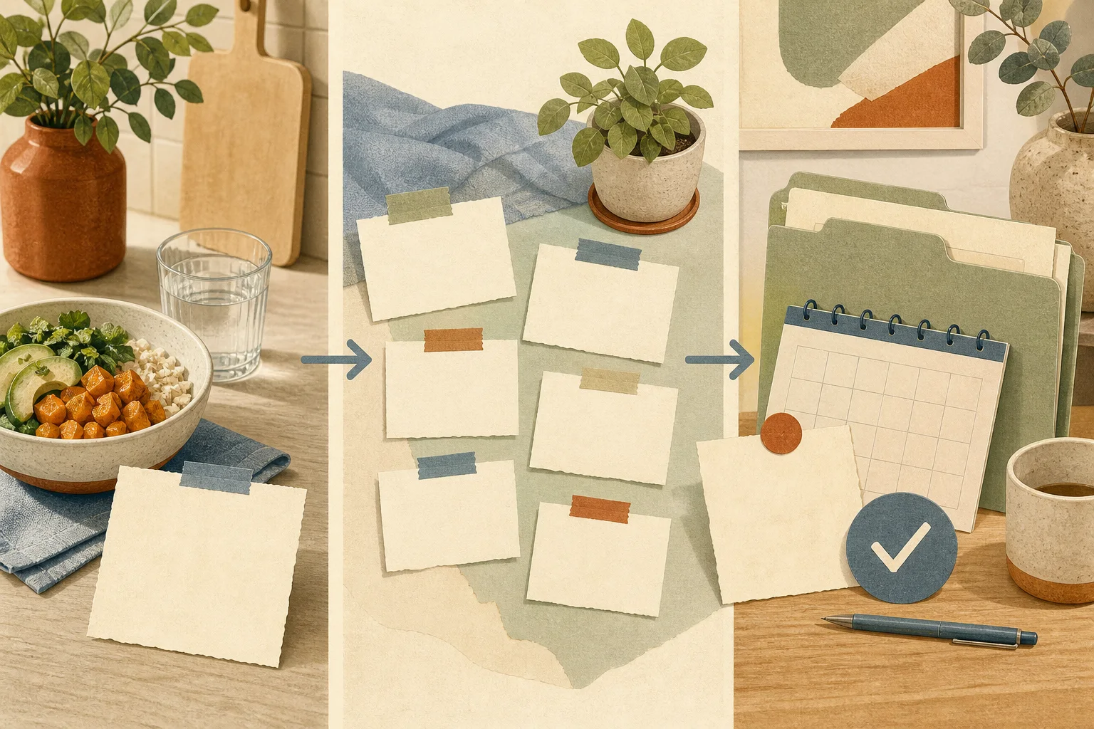 Illustrated sequence from meal notes to a calm weekly protein review