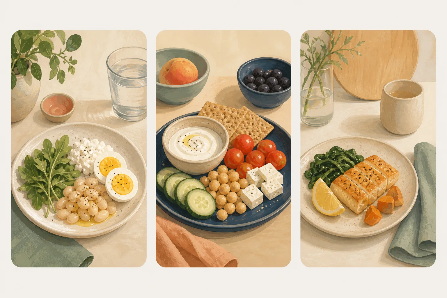 Three illustrated food-routine cards for a small meal, no-cook day, and a meal that feels too heavy