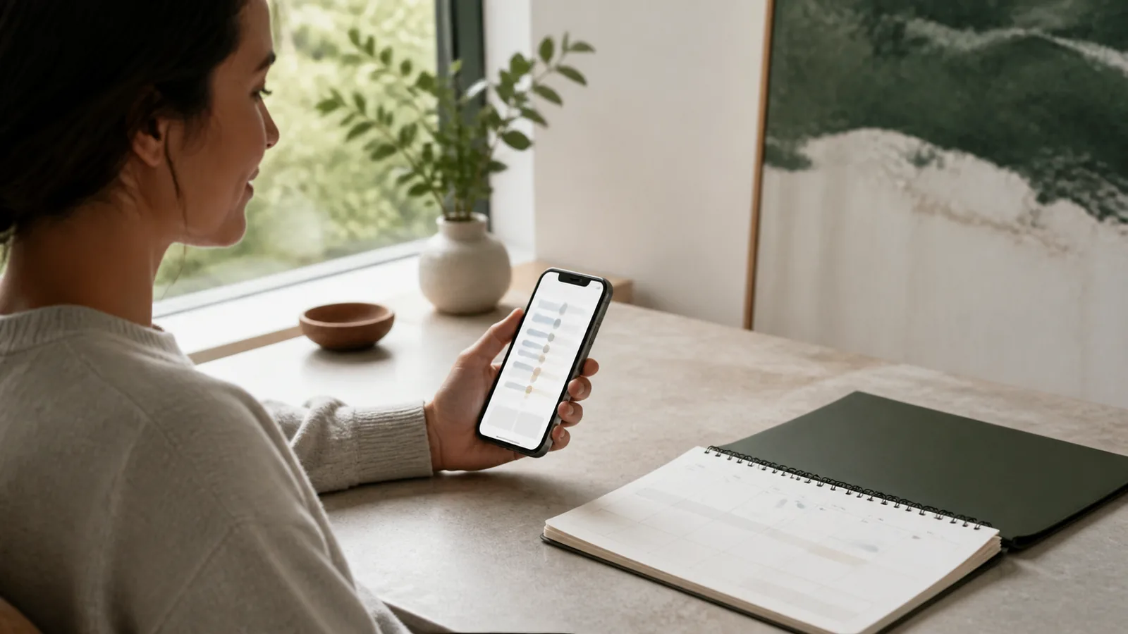 An adult reviews a medication calendar and phone at a quiet kitchen table