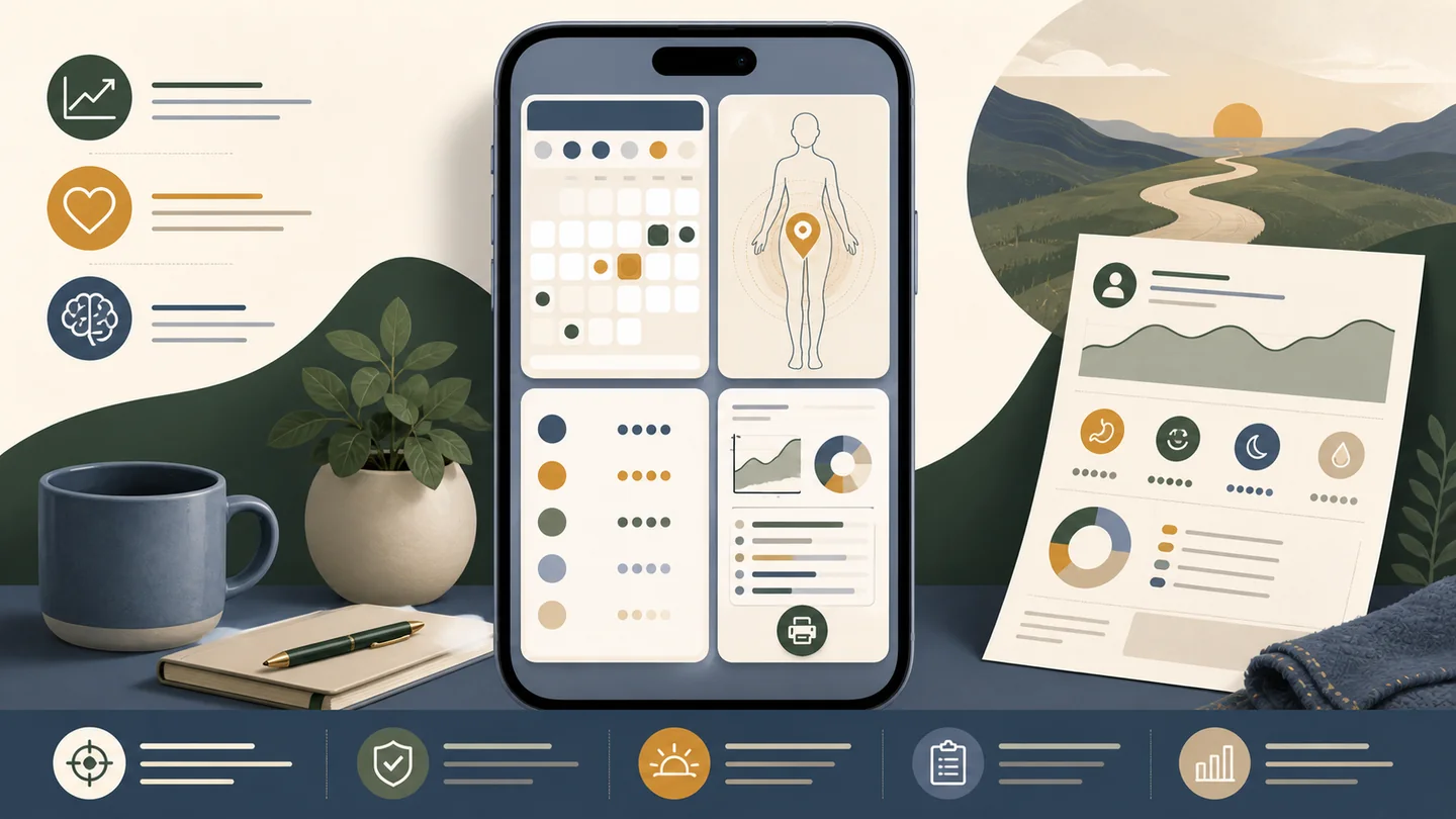 A four-part scorecard illustrates medication, food, hydration, and progress priorities around a phone
